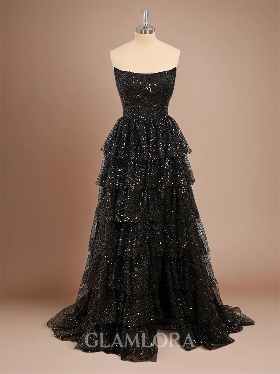 A-line Chic Straight Sweep Train Prom Dress With Slit