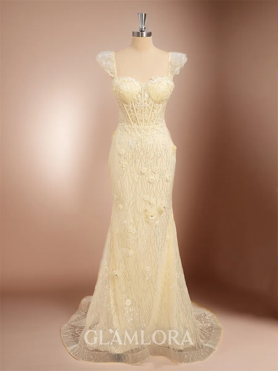 Tight Sheath/Column Square Sweep Train Lace Corset Prom Dress With Appliques Lace