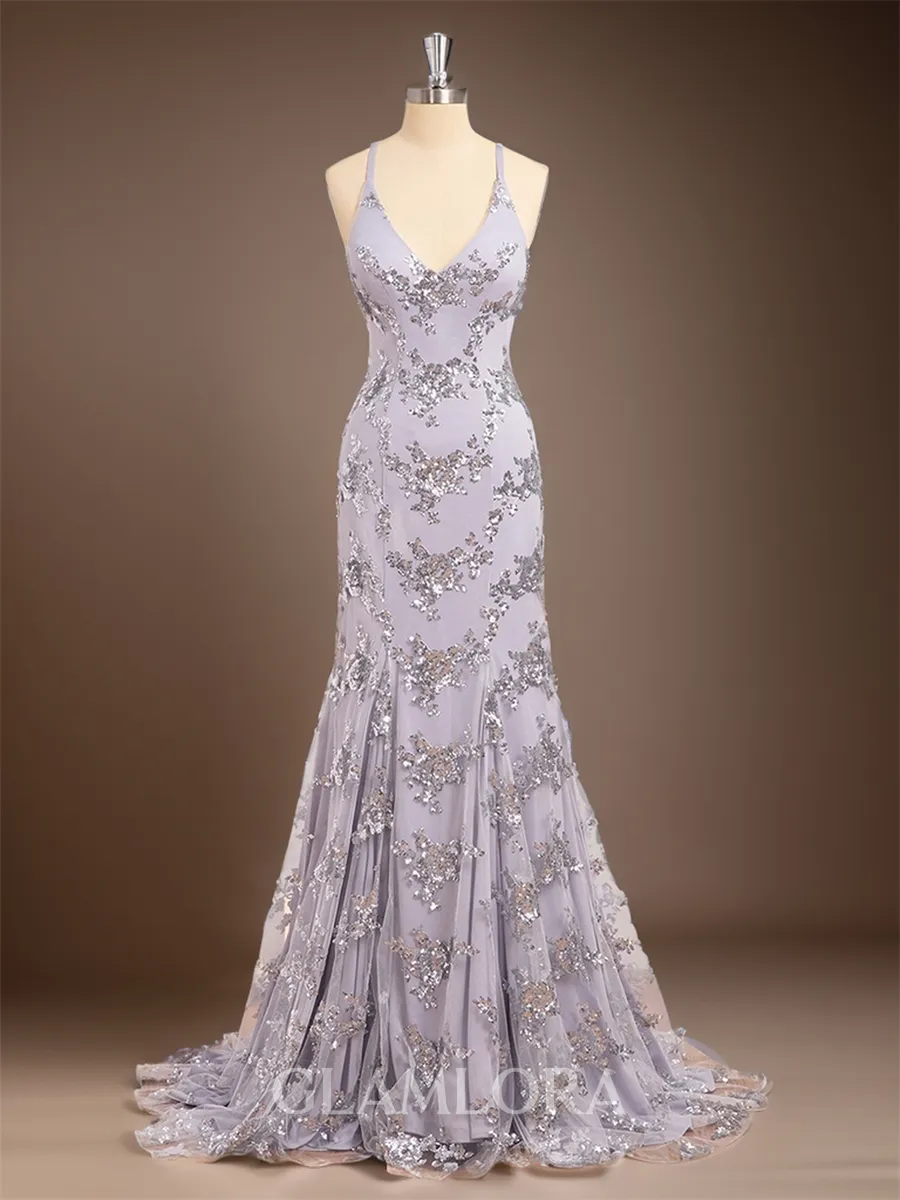 Fitted Sheath/Column V-neck Sweep Train Lace Prom Dress With Sequin