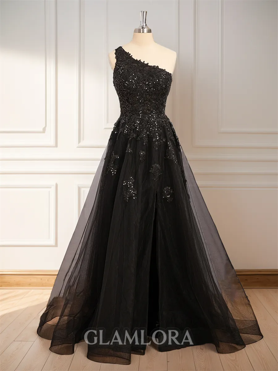 A-line Glam One-Shoulder Floor-Length Tulle Prom Dress With Slit