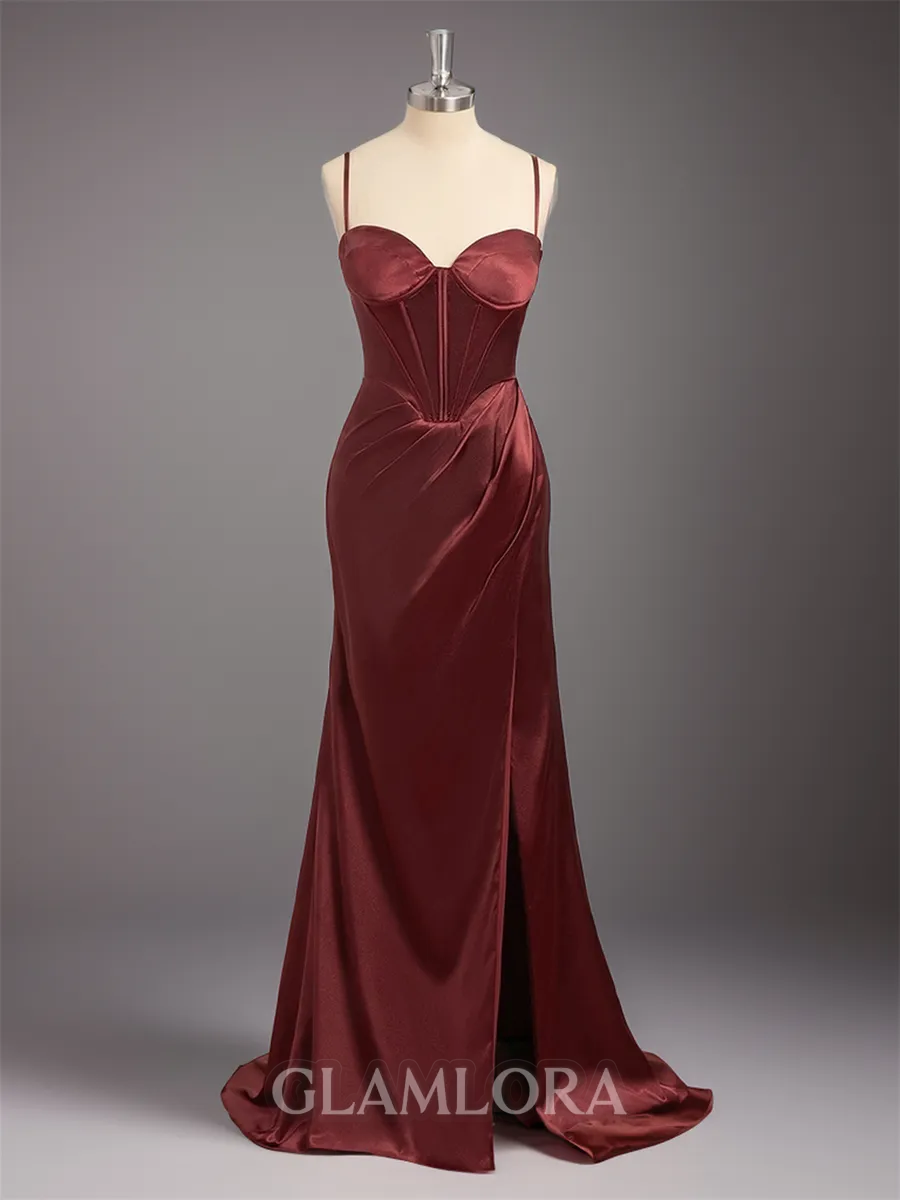 Polished Sheath/Column Spaghetti Straps Sweep Train Silk like Satin Corset Prom Dress With Slit