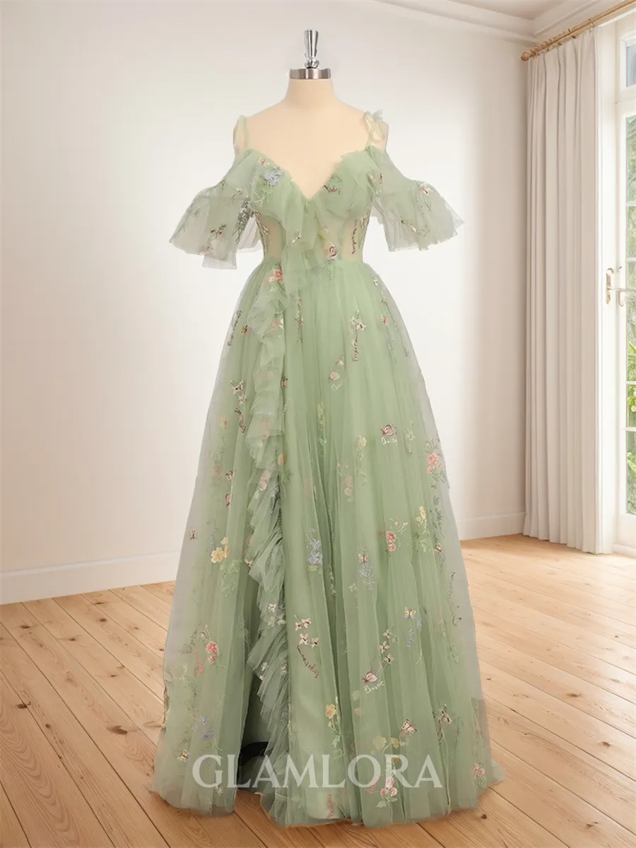 Flattering A-line Cold Shoulder Floor-Length Lace Prom Dress With Slit