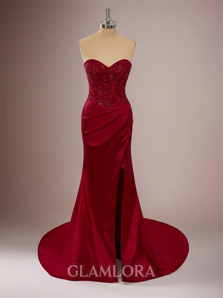 Sheath/Column Tight Sweetheart Court Train Silk like Satin Corset Prom Dress With Slit