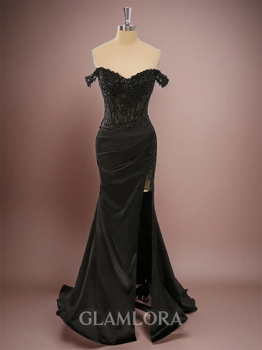 Sheath/Column Sexy Off-the-Shoulder Sweep Train Silk like Satin Corset Prom Dress With Slit