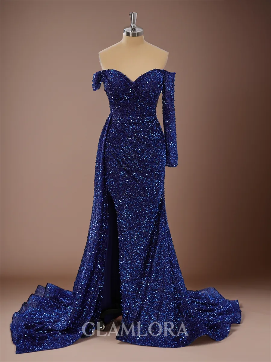 Flattering Sheath/Column Long Sleeves Off-the-Shoulder Sweep Train Prom Dress With Slit