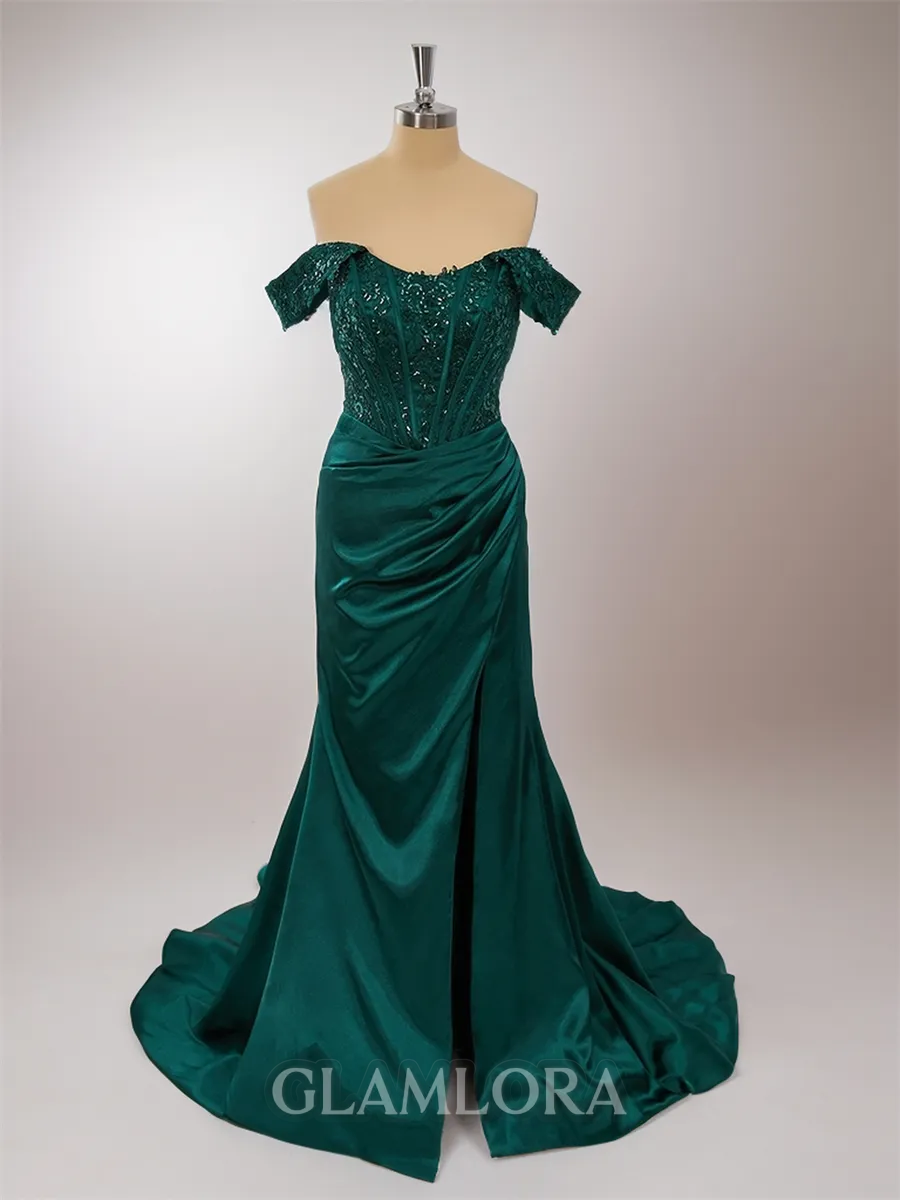 Crisp Sheath/Column Off-the-Shoulder Sweep Train Silk like Satin Corset Prom Dress With Slit