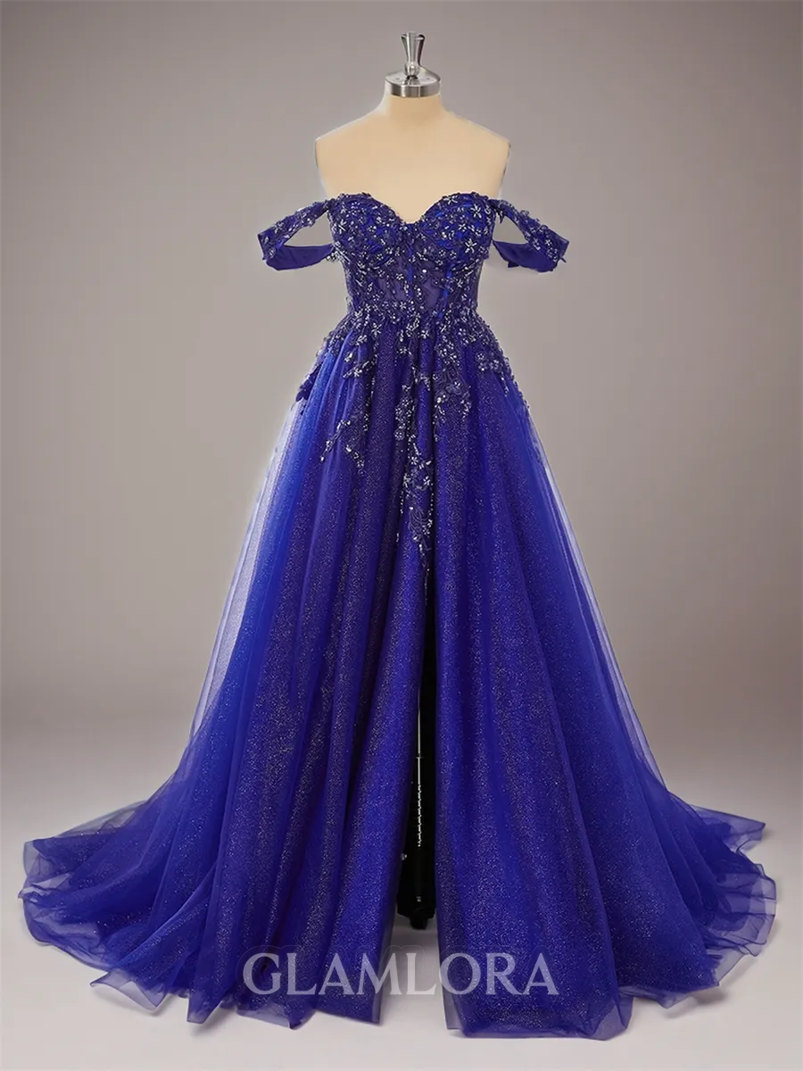 Slinky A-line Off-the-Shoulder Sweep Train Tulle Corset Prom Dress With Slit