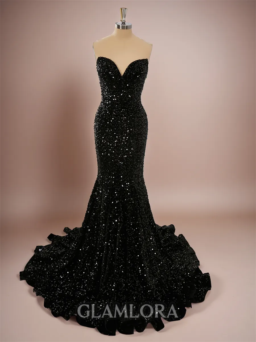 Confident Trumpet/Mermaid Sweetheart Sweep Train Velvet Sequins Prom Dress