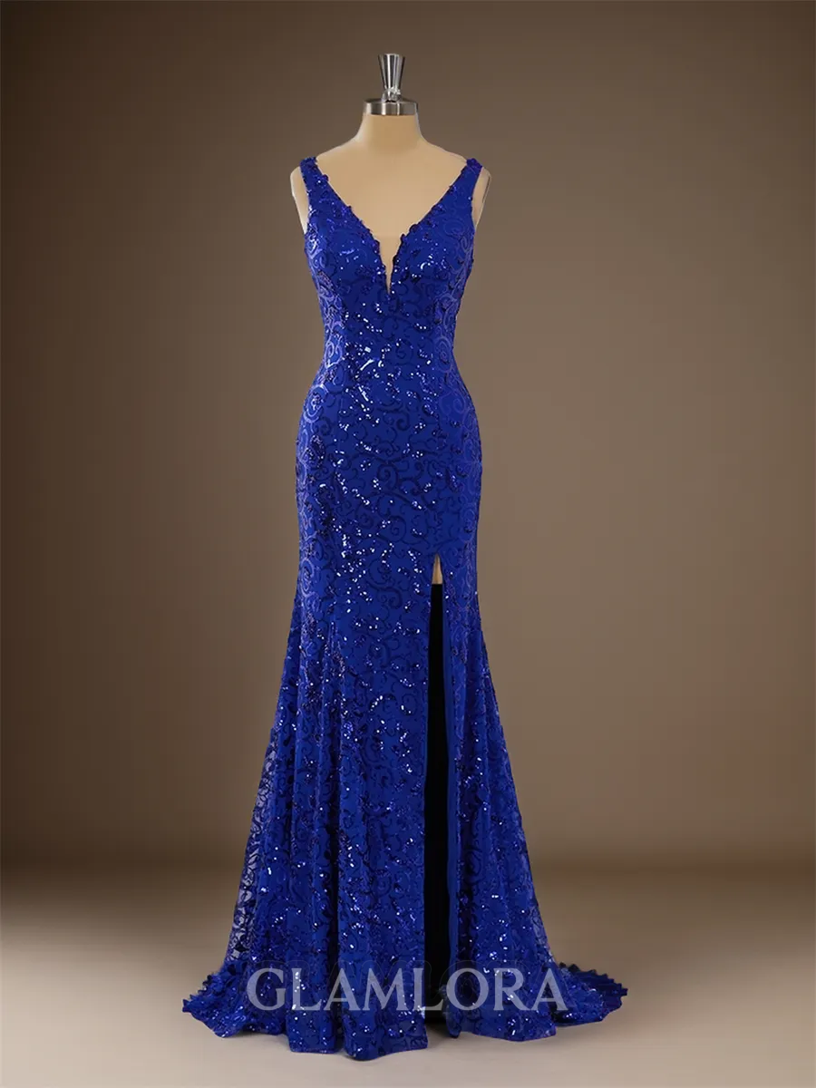 Sheath/Column Clingy V-neck Sweep Train Lace Prom Dress With Slit