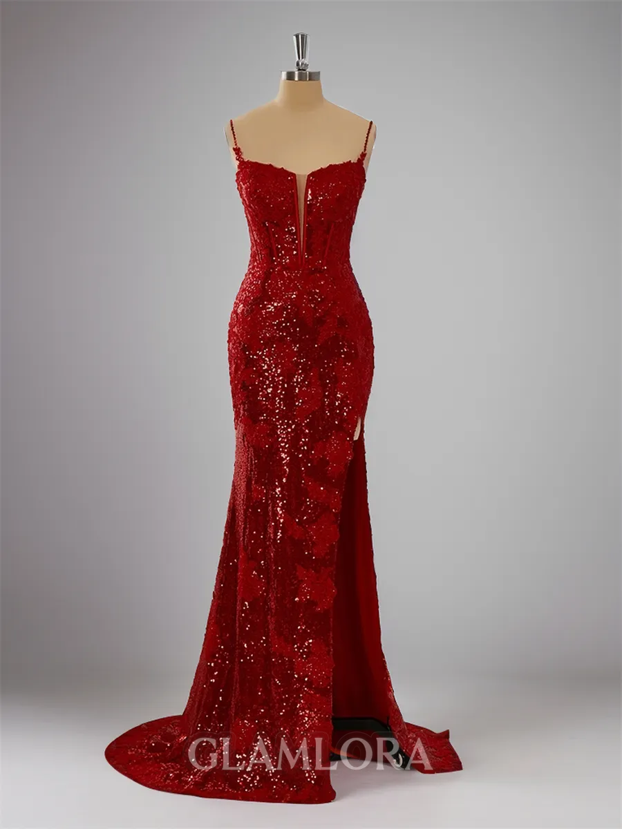 Sheath/Column Teasing Spaghetti Straps Sweep Train Sequins Corset Prom Dress With Slit