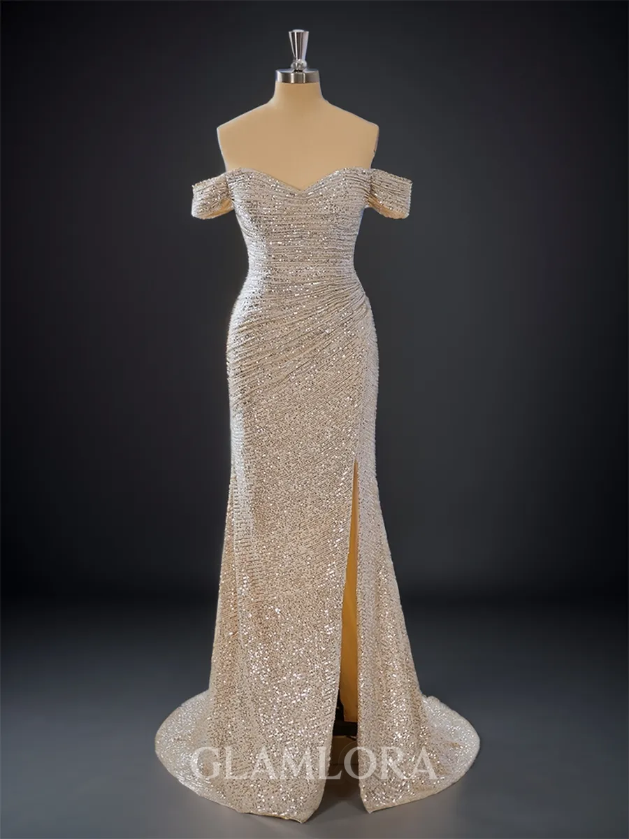 Graceful Sheath/Column Off-the-Shoulder Sweep Train Prom Dress With Slit