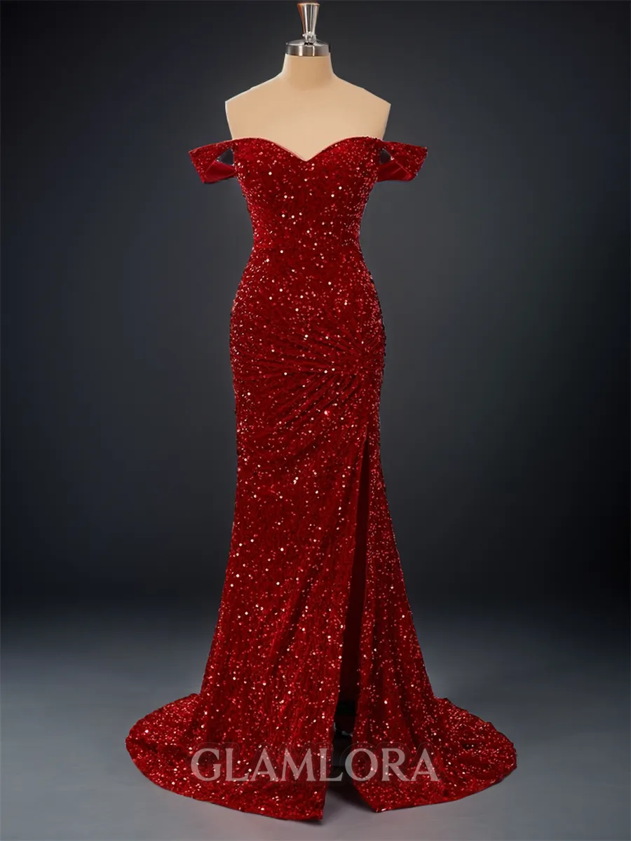Timeless Sheath/Column Off-the-Shoulder Sweep Train Velvet Sequins Prom Dress With Slit