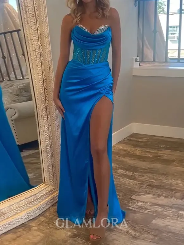 Aristocratic Sheath Sweetheart Pleated Sweep Train Silk like Satin Corset Prom Dress