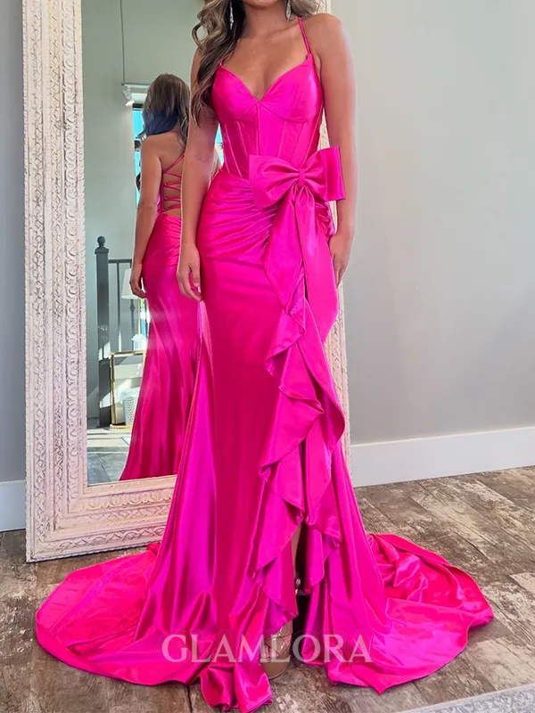 Elegant Sheath V-Neck Bow Court Train Corset Prom Dress