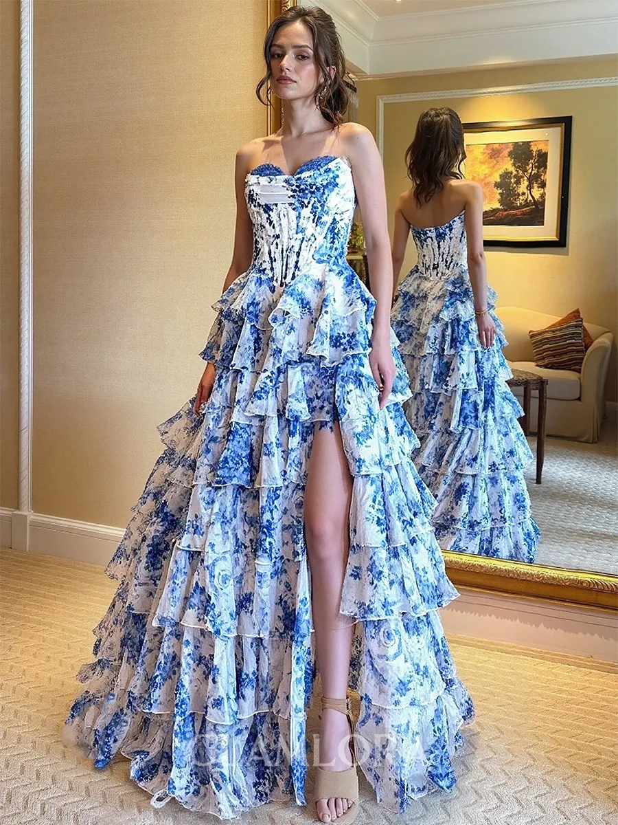 Gorgeous A-line Sweetheart Cascading Ruffles Sweep Train Corset Prom Dress