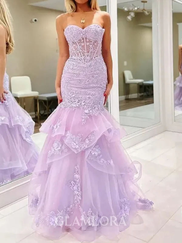 Elegant Mermaid Sweetheart Appliques Lace Sweep Train Tulle Corset Prom Dress