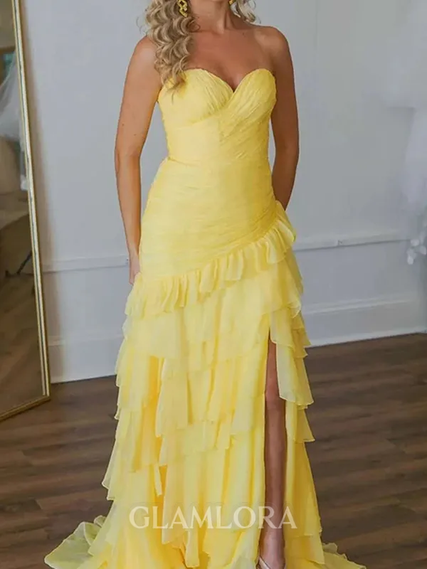 Enchanting A-line Sweetheart Cascading Ruffles Sweep Train 30D Chiffon Prom Dress