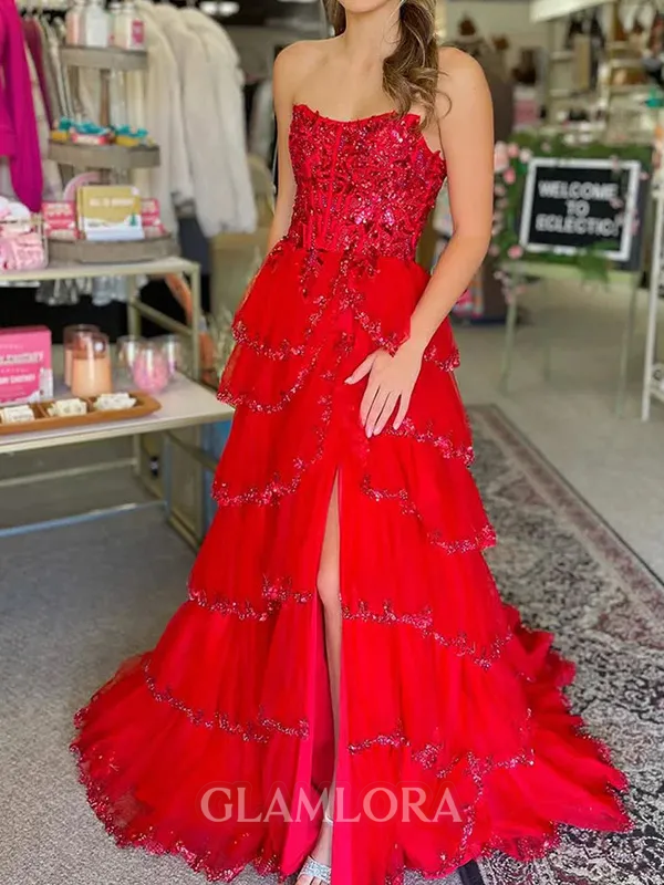 Luxurious A-line Straight Appliques Lace Sweep Train Tulle Corset Prom Dress