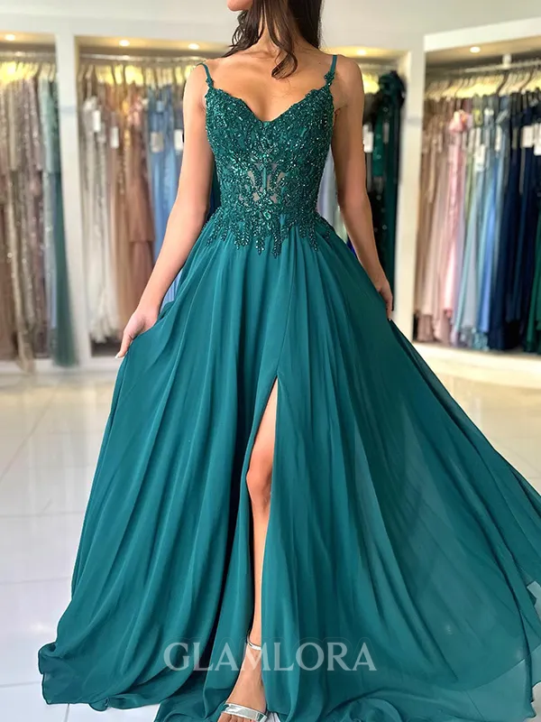 Fashion-forward A-line V-Neck Appliques Lace Sweep Train Chiffon Corset Prom Dress