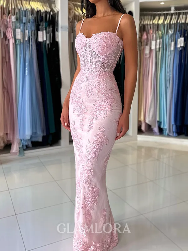 Stunning Sheath Spaghetti Straps Appliques Lace Floor-Length Tulle Corset Prom Dress
