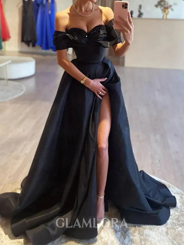 Graceful A-line Off-the-Shoulder Pleated Sweep Train Satin Prom Dress