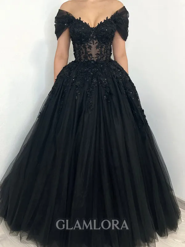 Enchanting A-line Off-the-Shoulder Appliques Lace Floor-Length Tulle Corset Prom Dress