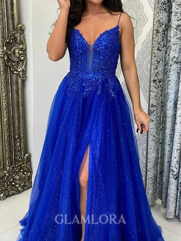 Unforgettable A-line Spaghetti Straps Sequin Floor-Length Tulle Corset Prom Dress