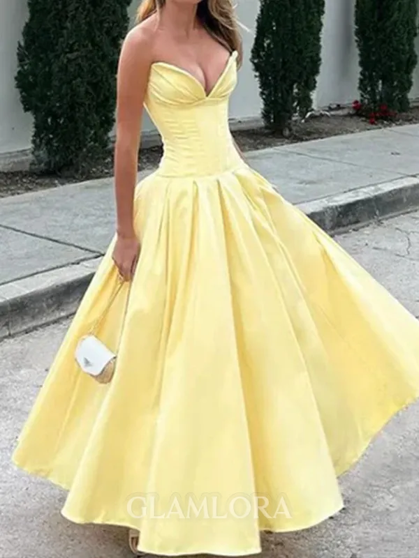 Glamorous A-line Sweetheart Pleated Ankle-Length Satin Corset Prom Dress
