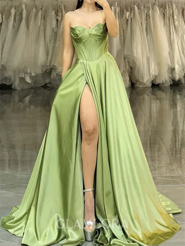 Stunning A-line Sweetheart Pleated Floor-Length Silk Like Satin Corset Prom Dress
