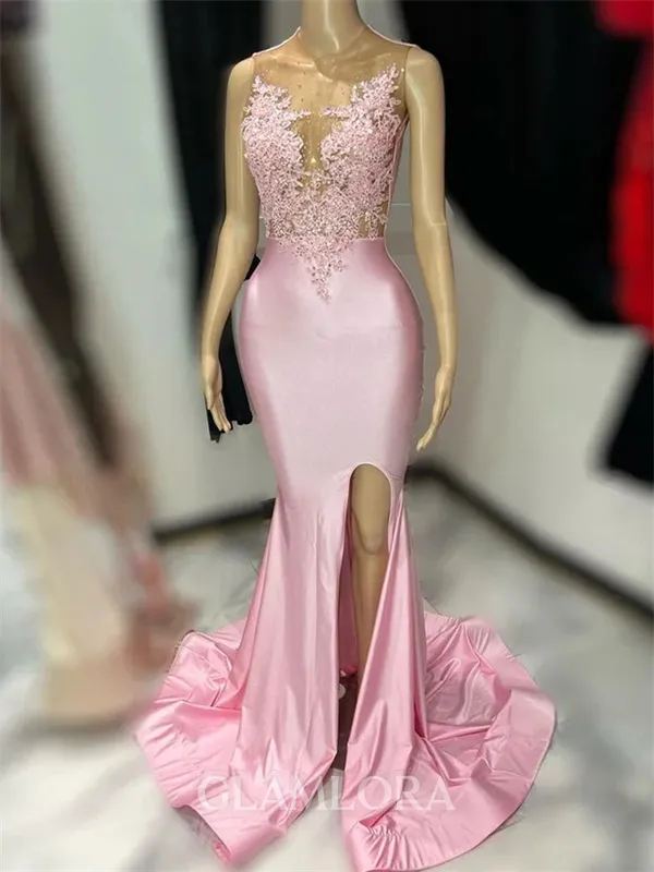 Glam Sheath Scoop Appliques Lace Sweep Train Silk Like Satin Prom Dress