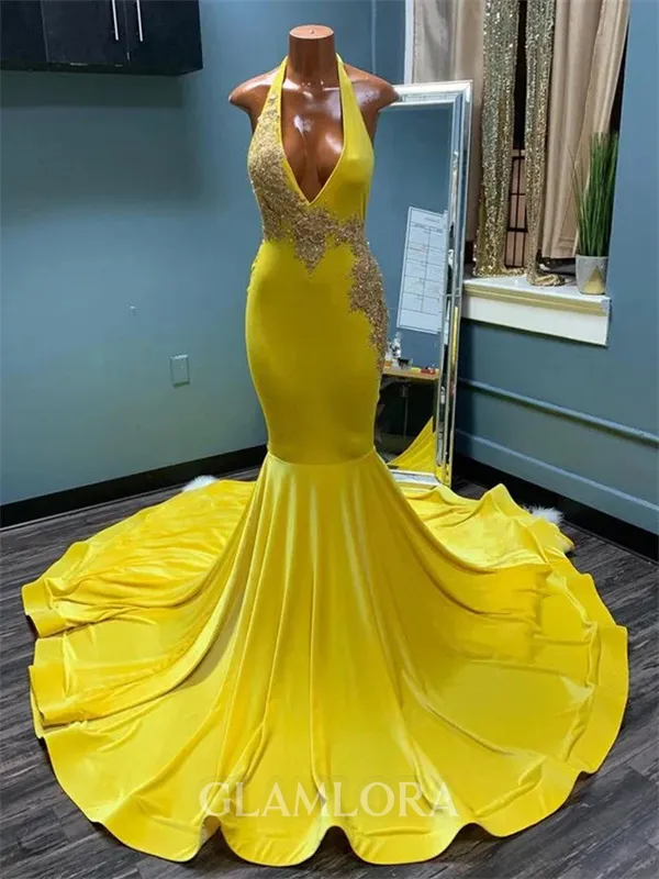 Pretty Mermaid Halter Appliques Lace Sweep Train Velvet Prom Dress