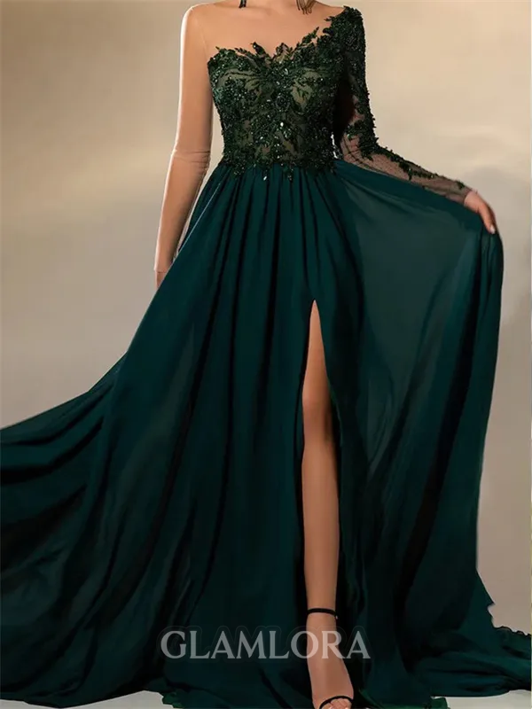 Elegant A-line Scoop Long Sleeves Appliques Lace Sweep Train Chiffon Prom Dress
