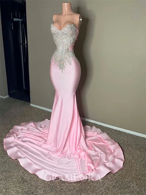 Exquisite Sheath Sweetheart Appliques Lace Court Train Jersey Prom Dress