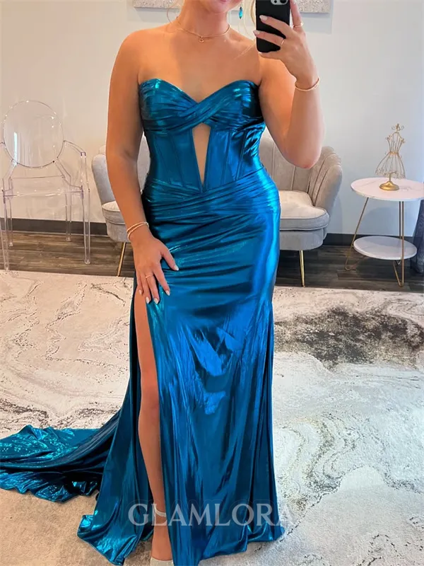 Aristocratic Sheath Sweetheart Pleated Court Train Metallic Satin Corset Prom Dress