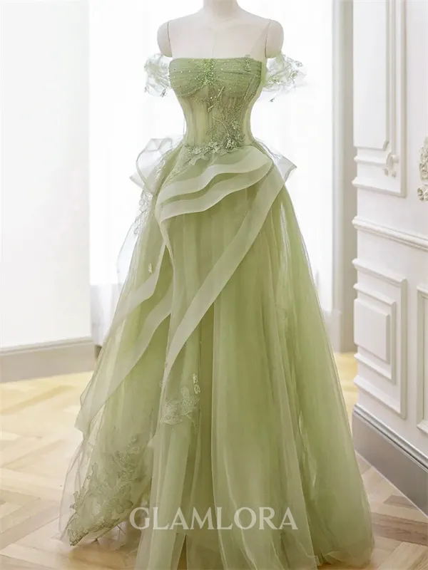 Perfect A-line Off-the-Shoulder Appliques Lace Floor-Length Tulle Corset Prom Dress