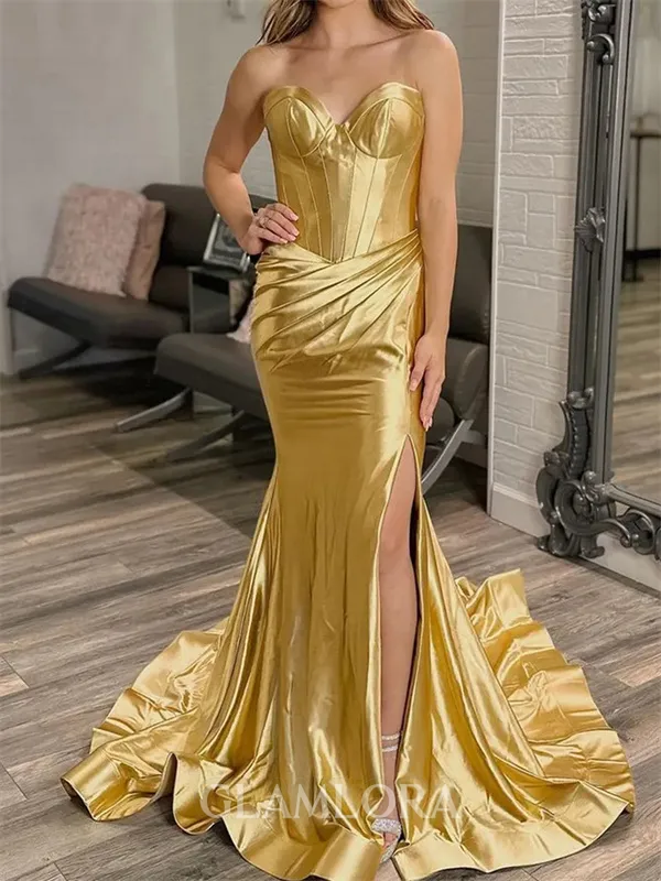 Pretty Sheath Sweetheart Pleated Court Train Silk Like Satin Corset Prom Dress