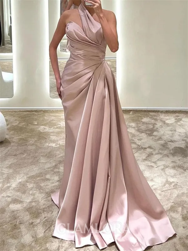 Enchanting Sheath Halter Pleated Sweep Train Silk Like Satin Prom Dress