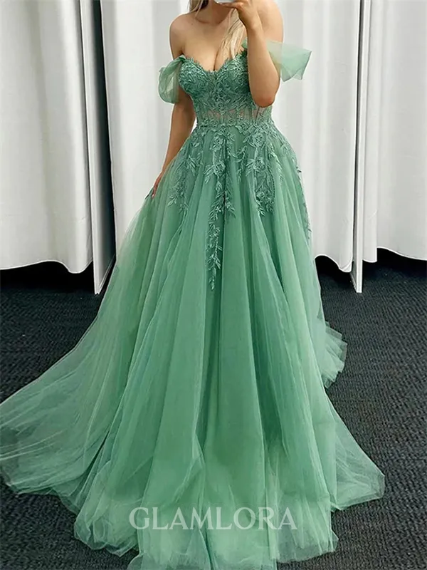 Mesmerizing A-line Off-the-Shoulder Appliques Lace Court Train Tulle Corset Prom Dress