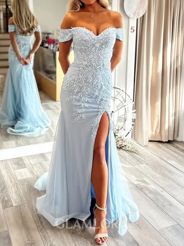 Fashion Sheath Off-the-Shoulder Appliques Lace Sweep Train Tulle Prom Dress