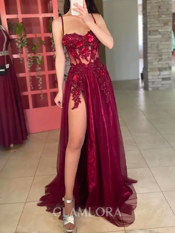 Splendiferous A-line Spaghetti Straps Appliques Lace Sweep Train Tulle Corset Prom Dress