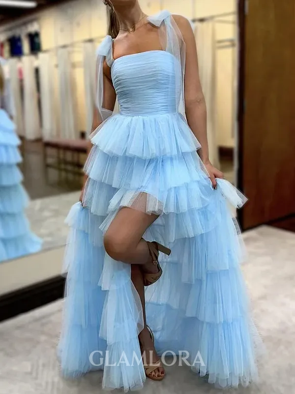Mesmerizing A-line Straight Cascading Ruffles Sweep Train Tulle Prom Dress