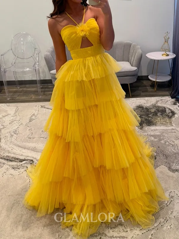 Aristocratic A-line Halter Cascading Ruffles Floor-Length Tulle Prom Dress