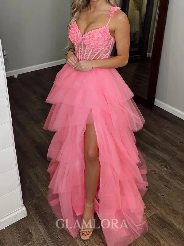 Unforgettable A-line V-Neck Cascading Ruffles Sweep Train Tulle Corset Prom Dress