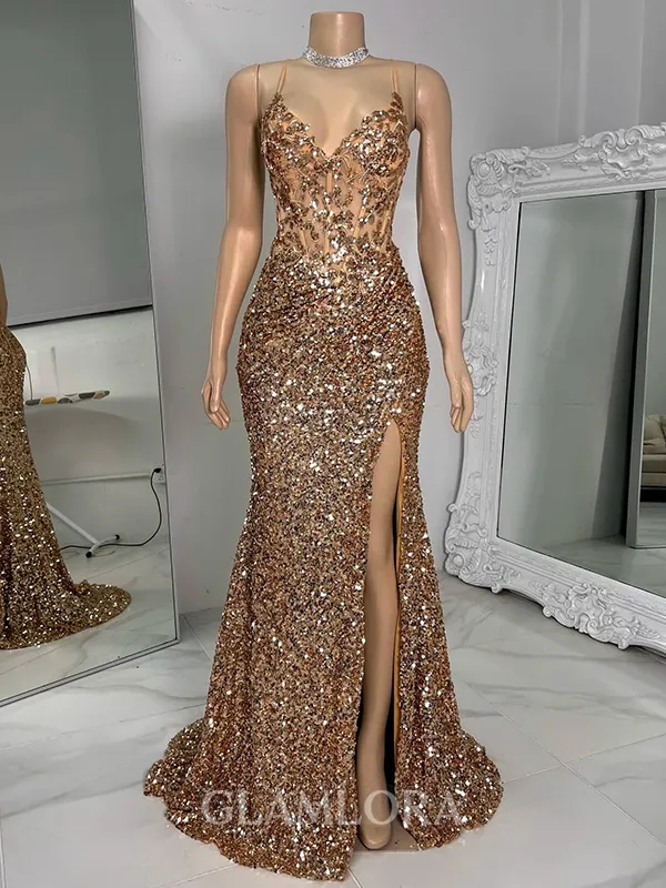 Glamorous Sheath V-Neck Sequin Sweep Train Corset Prom Dress
