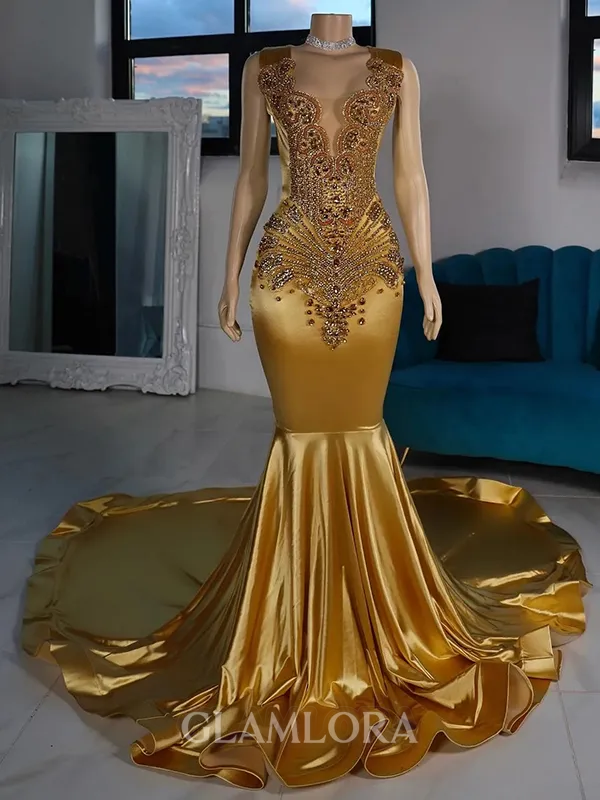 Elegant Mermaid Scoop Rhinestone Chapel Train Metallic Satin Prom Dress
