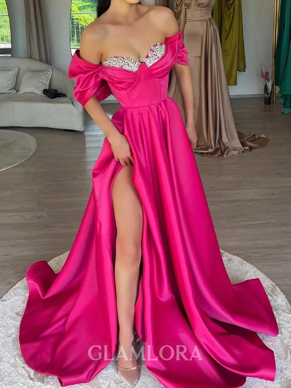 Splendid A-line Off-the-Shoulder Rhinestone Sweep Train Satin Prom Dress