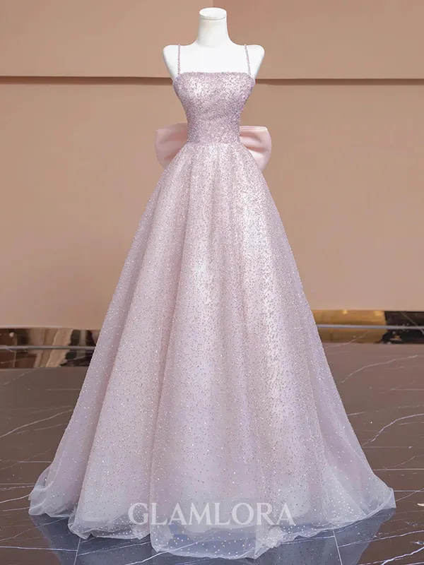 Striking A-line Spaghetti Straps Bow Sweep Train Prom Dress