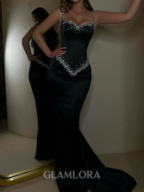 Unforgettable Sheath Straps Rhinestone Sweep Train Satin Corset Prom Dress