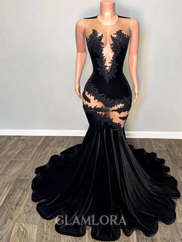 Show-stopping Mermaid Scoop Appliques Lace Sweep Train Velvet Prom Dress
