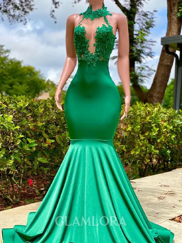 Aristocratic Mermaid Halter Appliques Lace Floor-Length Jersey Prom Dress
